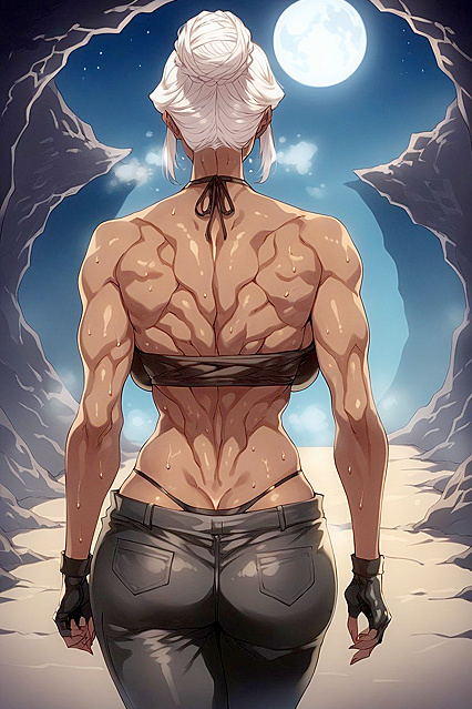 Dark Brown Skin, Baggy Black Pants, White Hair Hentai AI Fantasy