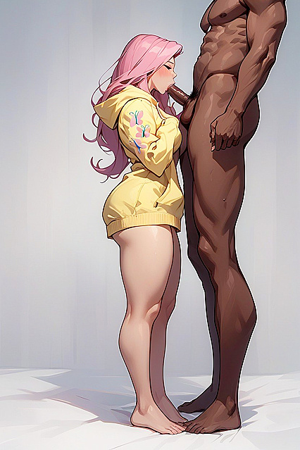 Fluttershy Sandwiched Between Faceless Man and Dark-Skinned Stud in Steamy Hentai AI Image