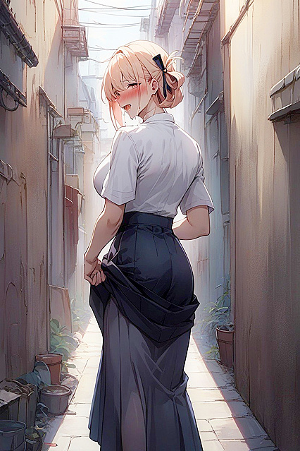 Lift Up Her Skirt at Night - Seductive Eyes in Dark Hentai AI Image