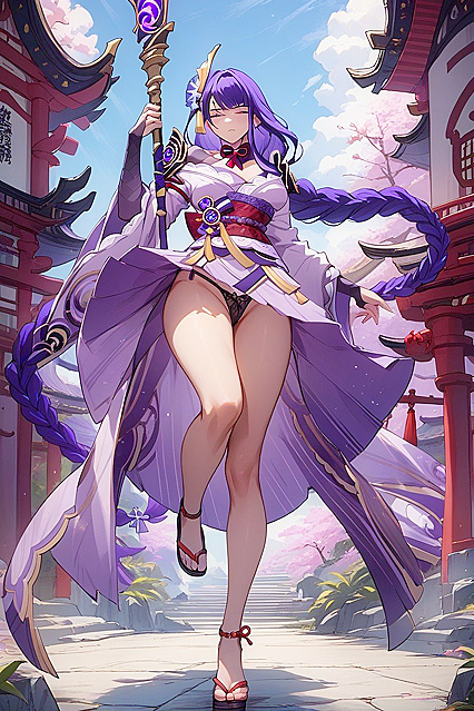 Raiden Shogun in Battle-Ready Pose Teased Underneath Her Skirt in Hentai AI Image