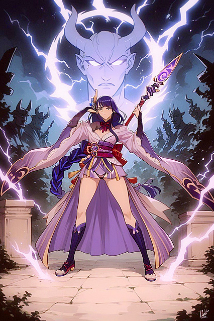 Raiden Shogun's Menacing Gaze in Dark-Toned Hentai AI Porn