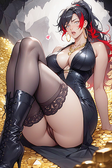 High Heel Boots and Golden Hoops Sparkle in Pile of Gold Hentai Pleasure
