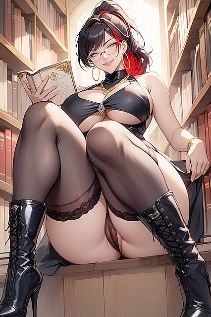 Wearing Black Jacket with Gold Accents and Nylons, Reading Seductively in Hentai AI Porn