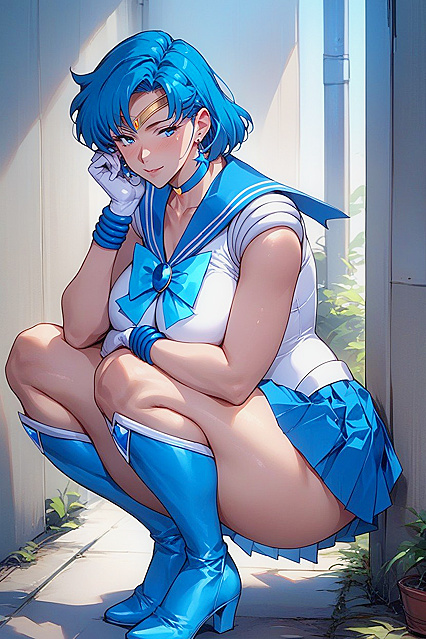 Milf in Blue Skirt Performs Seductive Squats in Hentai AI Image