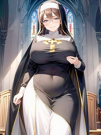 Nun Stands Before Altar, Eyes Wide in Ecstatic Hentai Pleasure