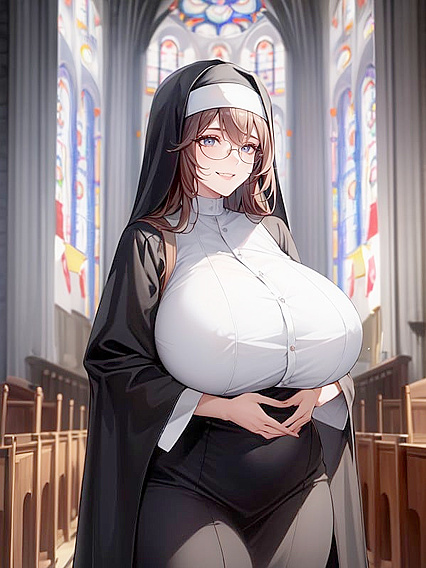 Praying Nun in Round Glasses Tempts Churchgoers in Steamy Hentai AI Image