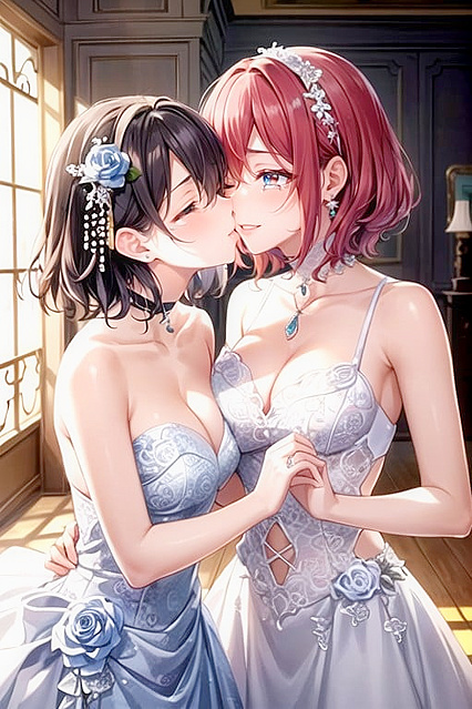 Lesbian Lovers Ahegao and Passionate Kisses in Steamy Hentai AI Image