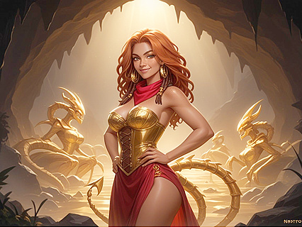 Sunny with Round Breasts Wears Gold Corset for Steamy Hentai AI Image