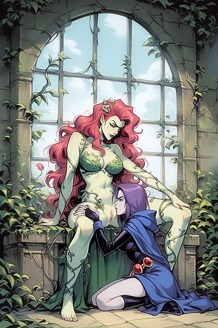 Raven from Titans and Poison Ivy from DC Comics in Furious Hentai AI Image