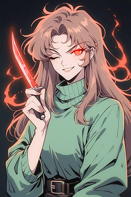 Smirking Character with Glowing Red Eyes and Yellow Stripes in Hentai AI Image