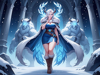 Blonde Beauty in Blue Fur Outfit Takes Full-Length Hentai AI Image