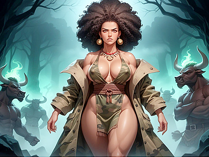 Surrounded by Minotaurs - Camo-clad Giant Minotaur Takes Center Stage in Savage Hentai AI Image