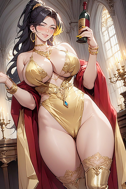 Gray-Eyed Beauty Sips Wine Before Seductive Frontal Hentai AI Image