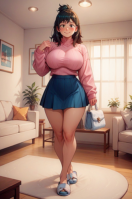 Inko Midoriya's Busty Charms in a Pink Sweater for Steamy Hentai AI Image