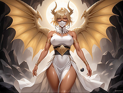 Monster Woman with Covered Erect Nipples Surrounded by Many People in Hentai AI Image