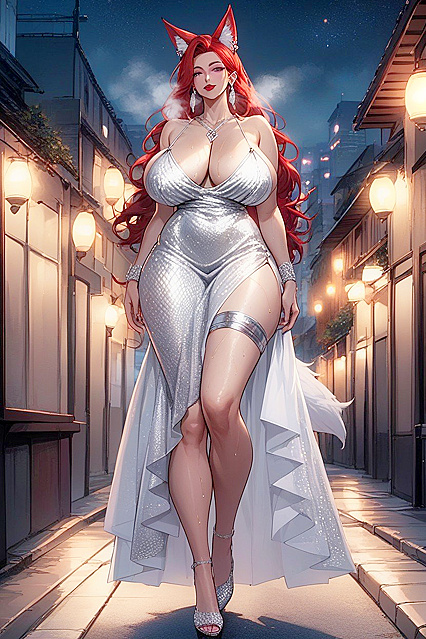 Sensual Thick-Thighed Vixen with Saggy Tits and Striped Fox Tail in Hentai AI Image