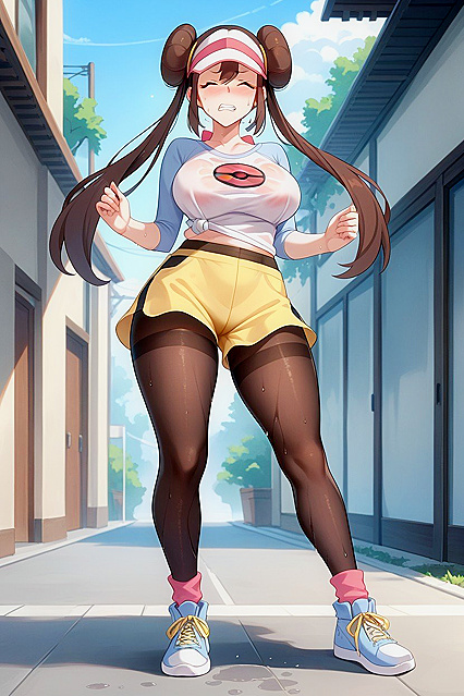 Rosa from Pokémon Grinding Her Teeth in Yellow Shorts for Intense Hentai Pleasure