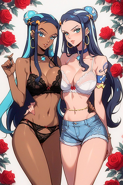 Nessa from Pokémon and Nami from One Piece Enjoy Roses backdrop in steamy Hentai AI Image