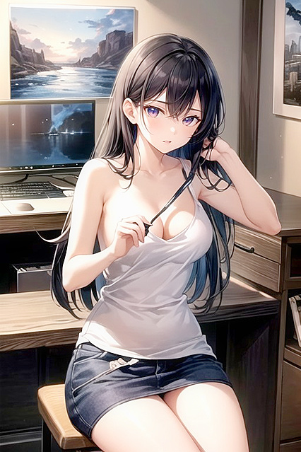 Dark-Haired Beauty Enjoying Intense Pleasure in a Dimly Lit Room Hentai Hentai AI Image