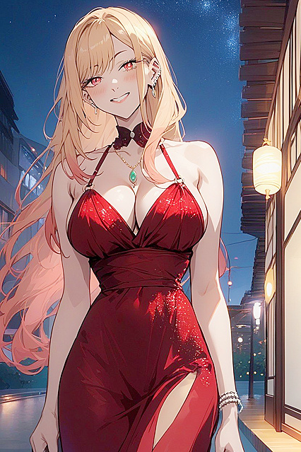 Kitagawa Marin from Sono Bisque Wa Koi Wo Suru Wears Red Silk Dress in Night City Hentai Hentai AI Image