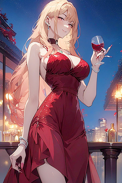 Sipping Red Wine in a Sultry Silk Dress for Intense Hentai Pleasure