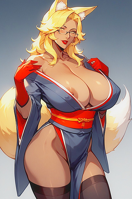 FOX TAILED BEAUTY IN LONG RED GLOVES AND BLACK KIMONO FOR HENTAI PLEASURE