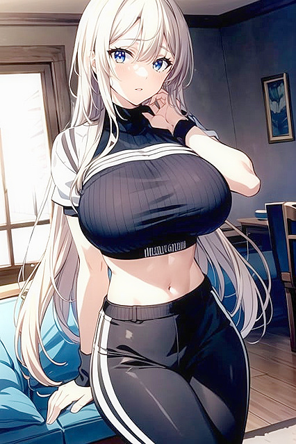 Waist-Trained Babe with Long Blonde Braid and Massive Tits in Tight Black Top andLeggings