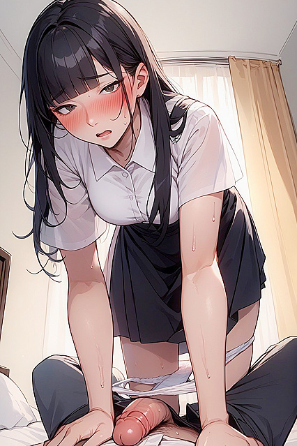 Pale-Skinned Beauty with Raven Hair Lost in Thought in Seductive Hentai AI Image