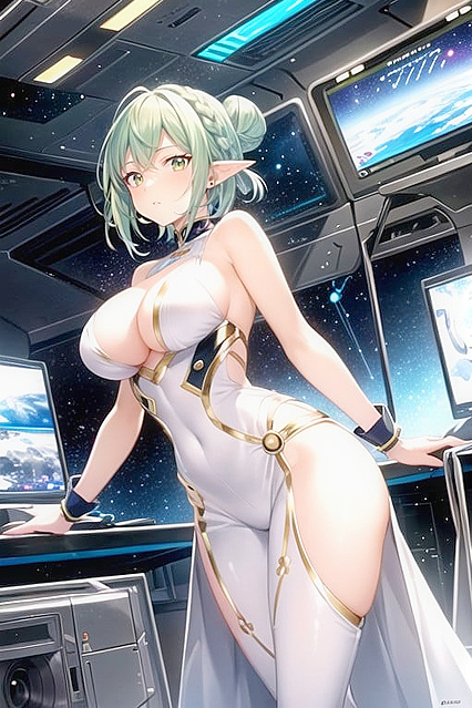 Beautiful Woman with Green Eyes Pilots Cockpit Gundam in Sensual Hentai AI Image