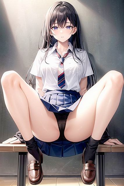 Rising Skirt Reveals Perfectly Toned Legs in Spread-legged Hentai AI Image