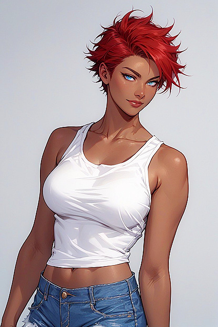 Mischievous Blue-Eyed Girl 18+ in Jean Shorts Tempts You in Hentai Hentai AI Image