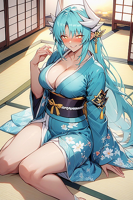 Big Breasted Beauty with Long Cyan Hair Teased on Tatami Mat in Hentai AI Image