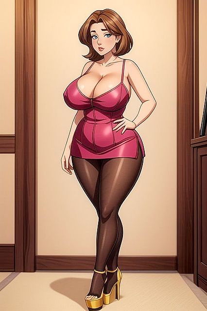 Milf with Massive Fake Boobs in Platform Heels Dominates Hentai AI Image
