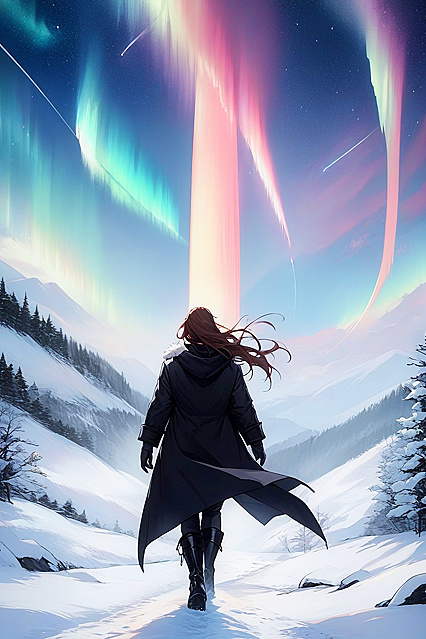 Snowy Stroll in an Extremely Long Black Coat and Fur Cape Hentai AI Image