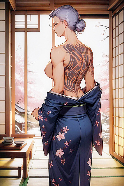 Kimono-clad Beauty Undresses to Reveal Seductive Back Tattoos in Hentai AI Image