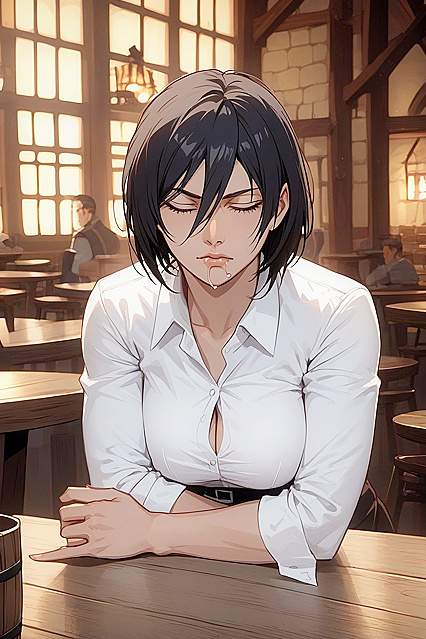 Tired Face in the Tavern - Intimate Close-Up Hentai AI Image