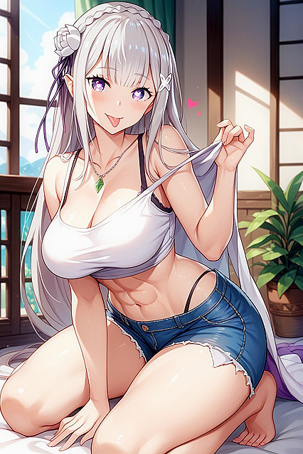 Emilia from Re -Zero Kneels in Seductive Jean Shorts for Hentai Pleasure