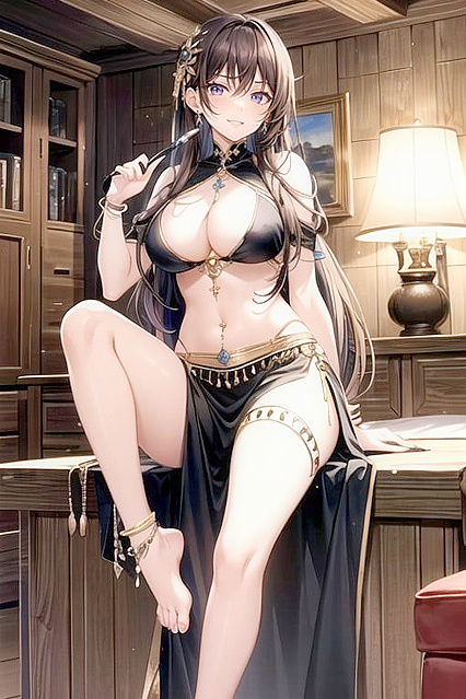 FitBrunettewithBellyPiercingandExoticOutfitHoldingWhipinBedroomAIHentHentai AI Imageo