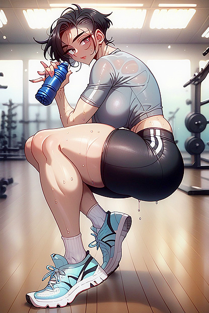 Gym Session with Fair-Skinned Beauty Staring Intensely at You in Hentai Hentai AI Image
