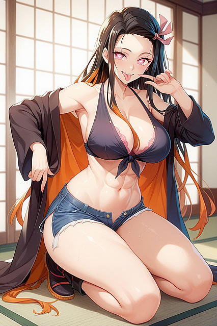 Open-Mouth Smile, Tongue Out, Six-Pack Abs in Horny Hentai AI Image