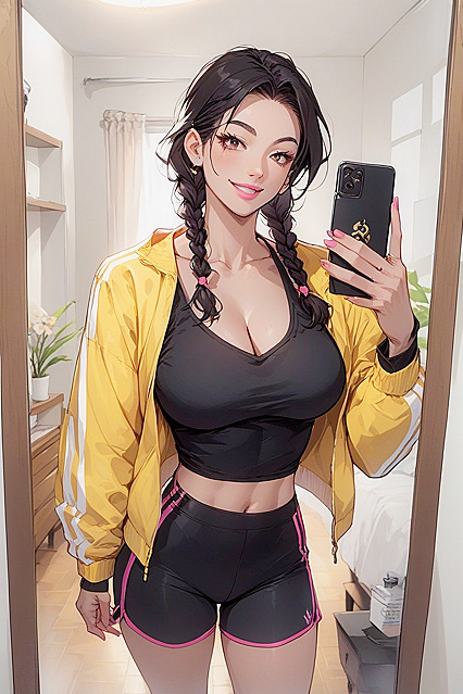 Braided Beauty in Black Tank Top Teases with Long Eyelashes in Hentai AI Image
