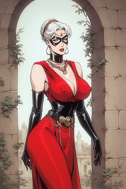 Black Cat Marvel Heroine in Black Mask, White Hair, and Red Lips Wields Sword in Kinky Hentai AI Image