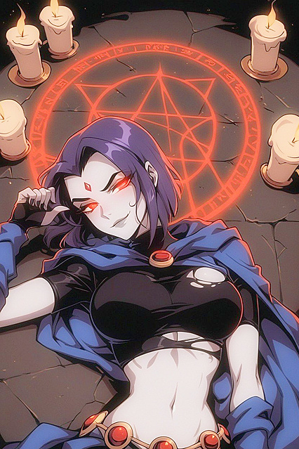 Raven Lifts Her Shirt Revealing Spellbound Skin in Erotic Hentai AI Image