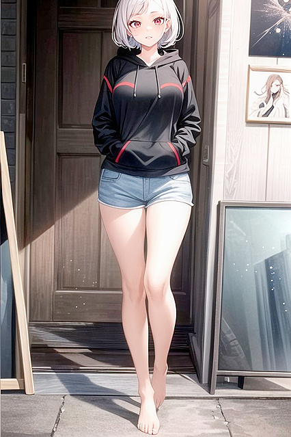 Red-Eyed Beauty with White Hair Teased in Sexy Shorts for AI Hentai Pleasure