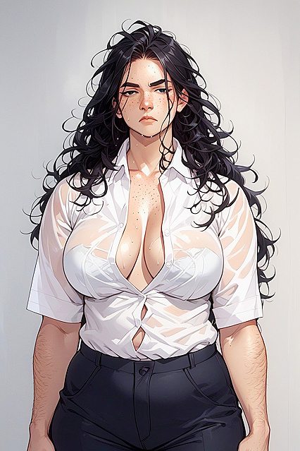 Woman with Thick Eyebrows and Hooked Nose in Busty Hentai AI Image