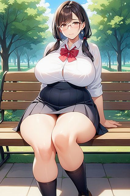 Nervous Girl 18+ in Black Skirt Sits on Bench for Intense Hentai AI Image