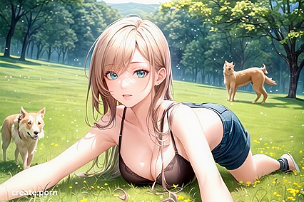 Girl 18+ with Dog Enjoying Intimate Moments in the Meadow Hentai Style