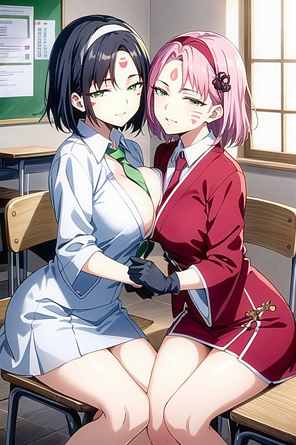 Sakura from Naruto Embraces Girl 18+s While Gazing at You in Steamy Hentai AI Image