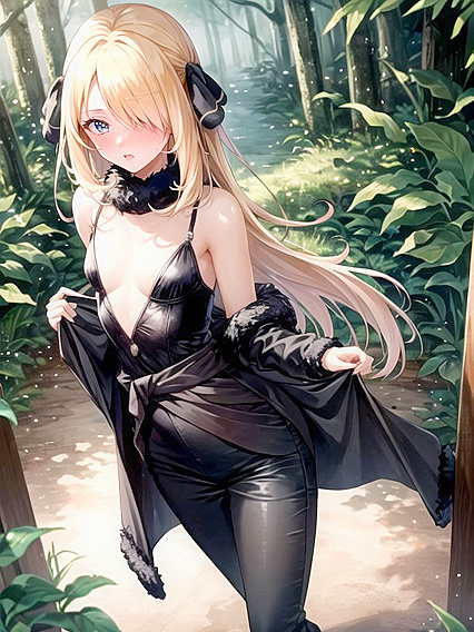 Cynthia from Pokémon Teases Sunset with Seductive Hair Ribbon in Steamy Hentai AI Image