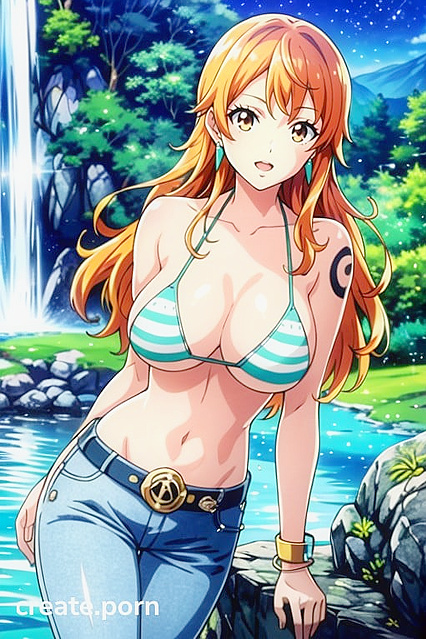 Nami from One Piece Gets Naked for Steamy Nighttime Hentai AI Image